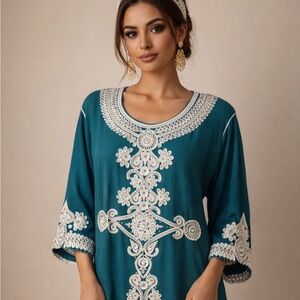 Emerald Green Moroccan Kaftan | Embroidered Maxi Dress | Boho Caftan Jalabiya